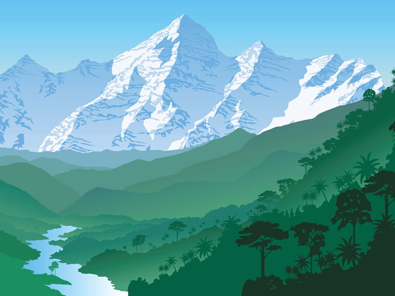 Illustration of rainforest with river running through it, mountains in the backrgound