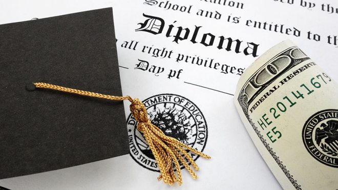 graduation cap, diploma and cash