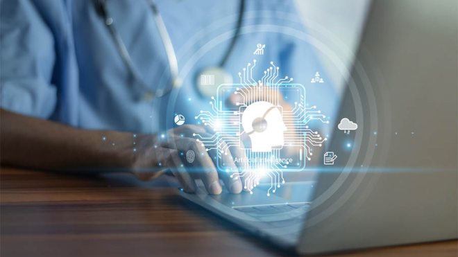 Doctor on laptop using AI