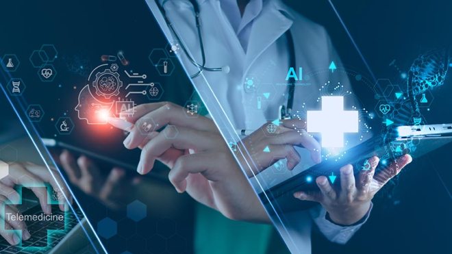 Doctor on tablet using AI