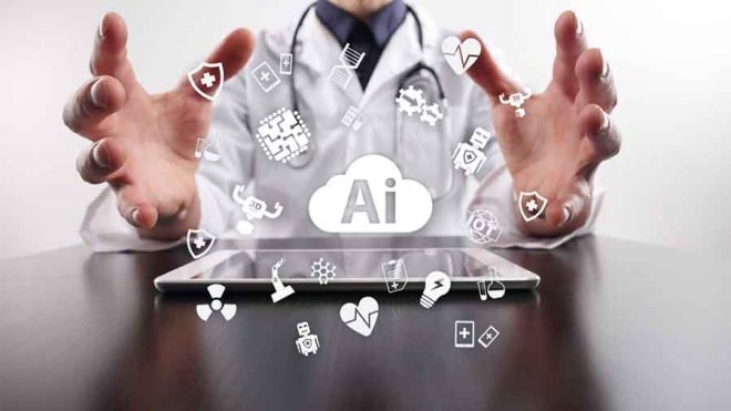 Physician using AI on a tablet