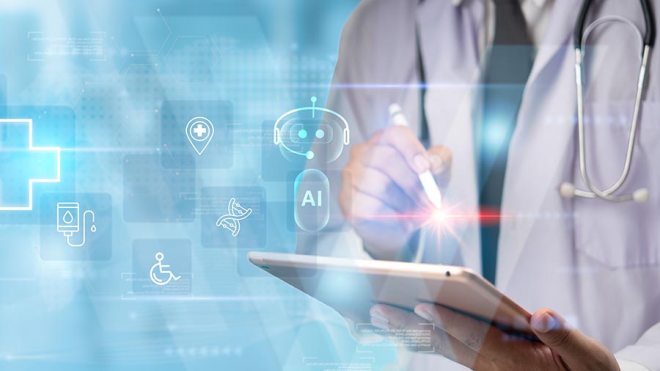 Doctor on tablet using AI