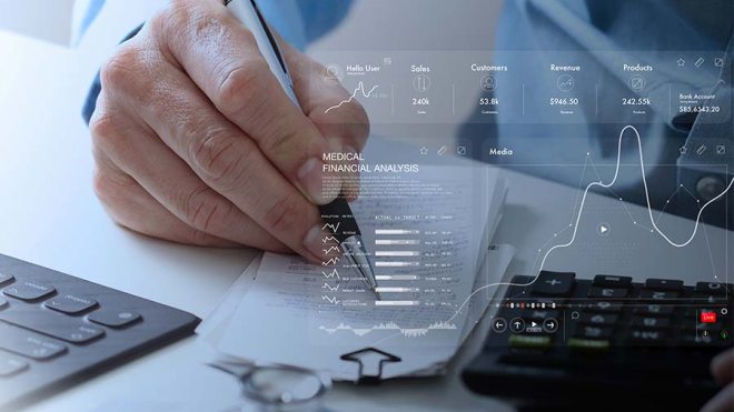 Doctor reviewing analytics and data