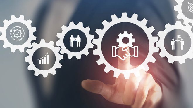 Gears lining up healthcare icons