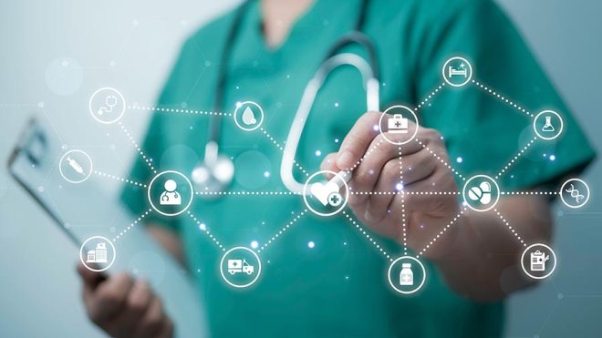 Doctor on tablet using AI