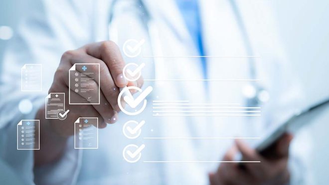 Doctor on tablet taking survey