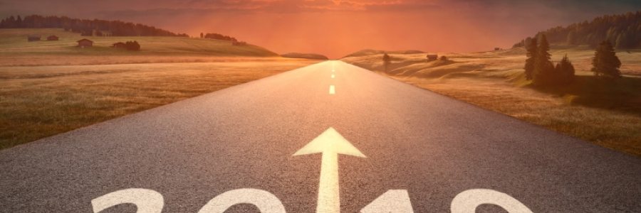 Photograph of pathway with "2019" below and an arrow pointing forward