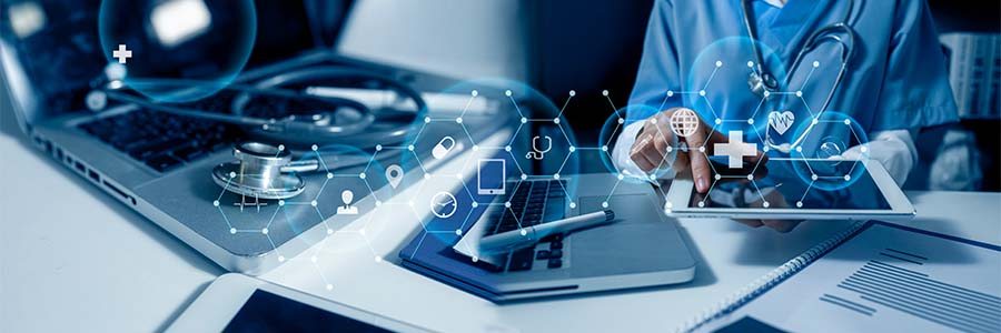 A physician on tablet viewing data