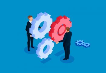 Illustration of two business people and gears