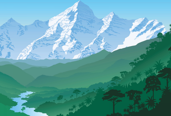 Illustration of rainforest with river running through it, mountains in the backrgound