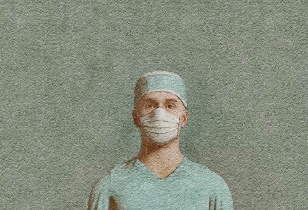 Illustration of healthcare worker with mask and scrubs on