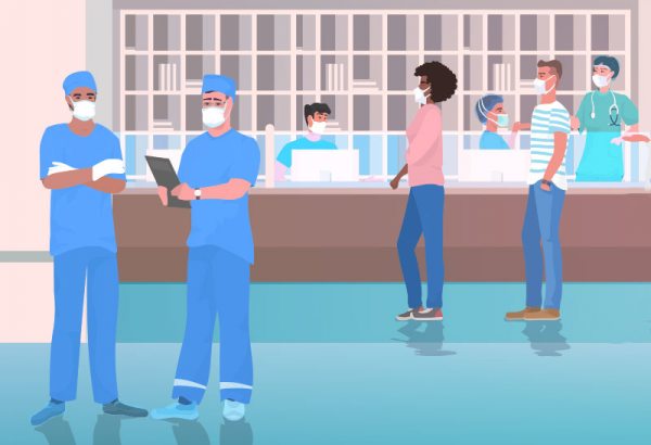 Illustration of patients and healthcare workers in clinic lobby