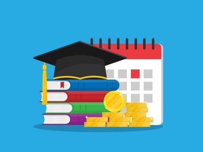 Illustration of grad cap atop books, with calendar and coins in the background